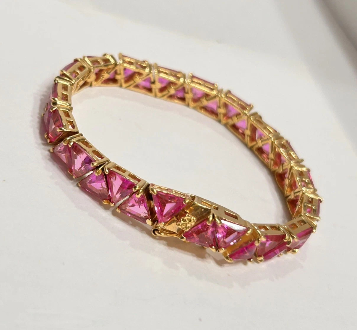 12TCW Trillon Cut Lab Created Pink Sapphire Tennis Bracelet 14K Rose Gold Plated