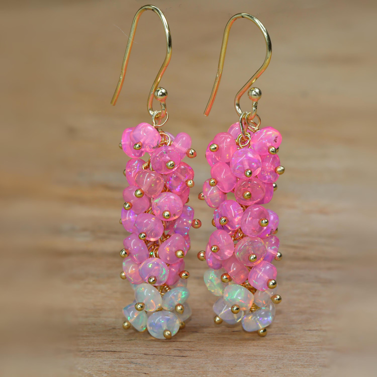 Pink and White Opal Beads Earring, Natural Opal Gemstone Cluster Earring for her