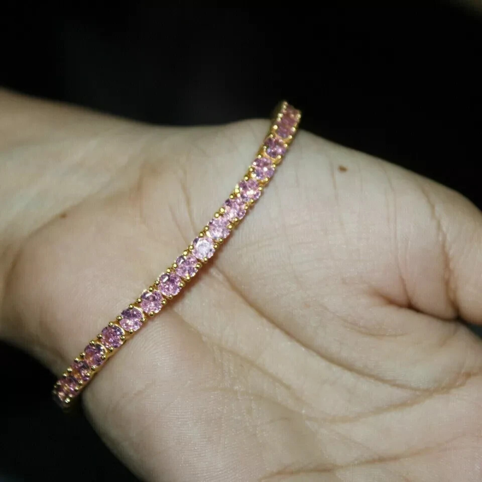 5Ct Round Lab Created Pink Sapphire Women’s Tennis Bracelet 14K Yellow Gold Over