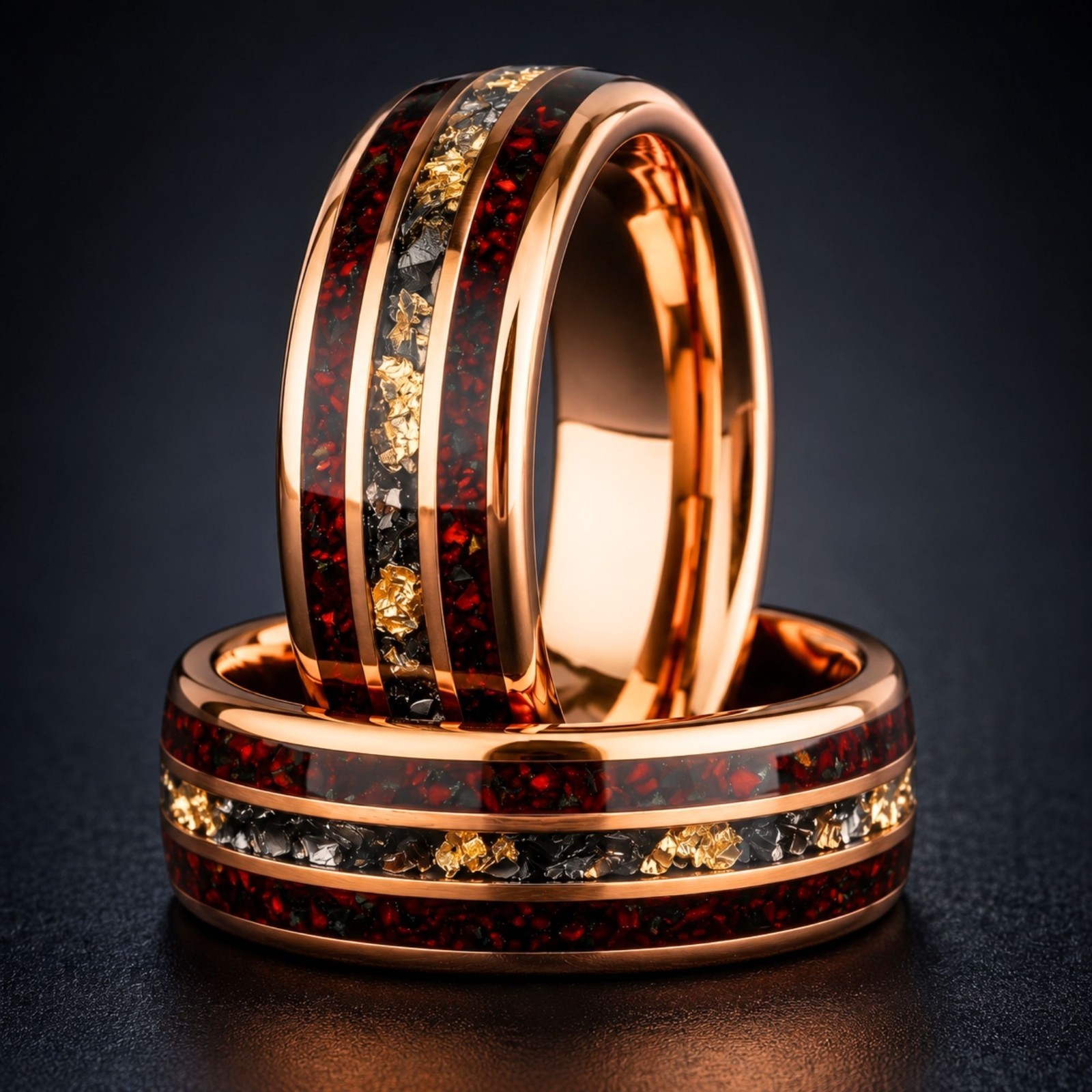Rose Gold Tungsten Meteorite Men’s Wedding Ring – Crushed Gold Leaf & Red Opal