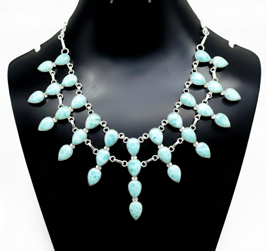 Natural larimar Gemstone Necklace 925 Sterling Silver Handmade Jewelry S-18