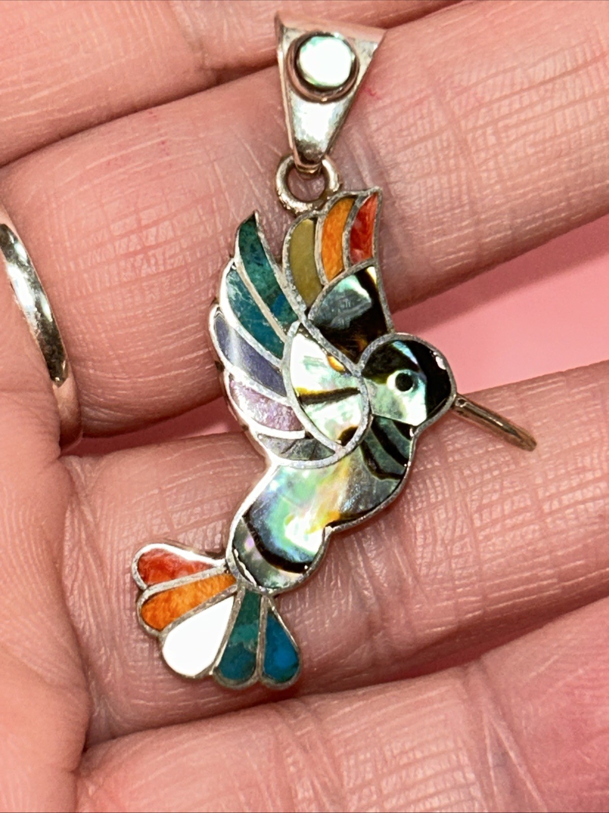950 Silver Handmade Inlay Hummingbird Abalone Pendant From Peru 1.75”