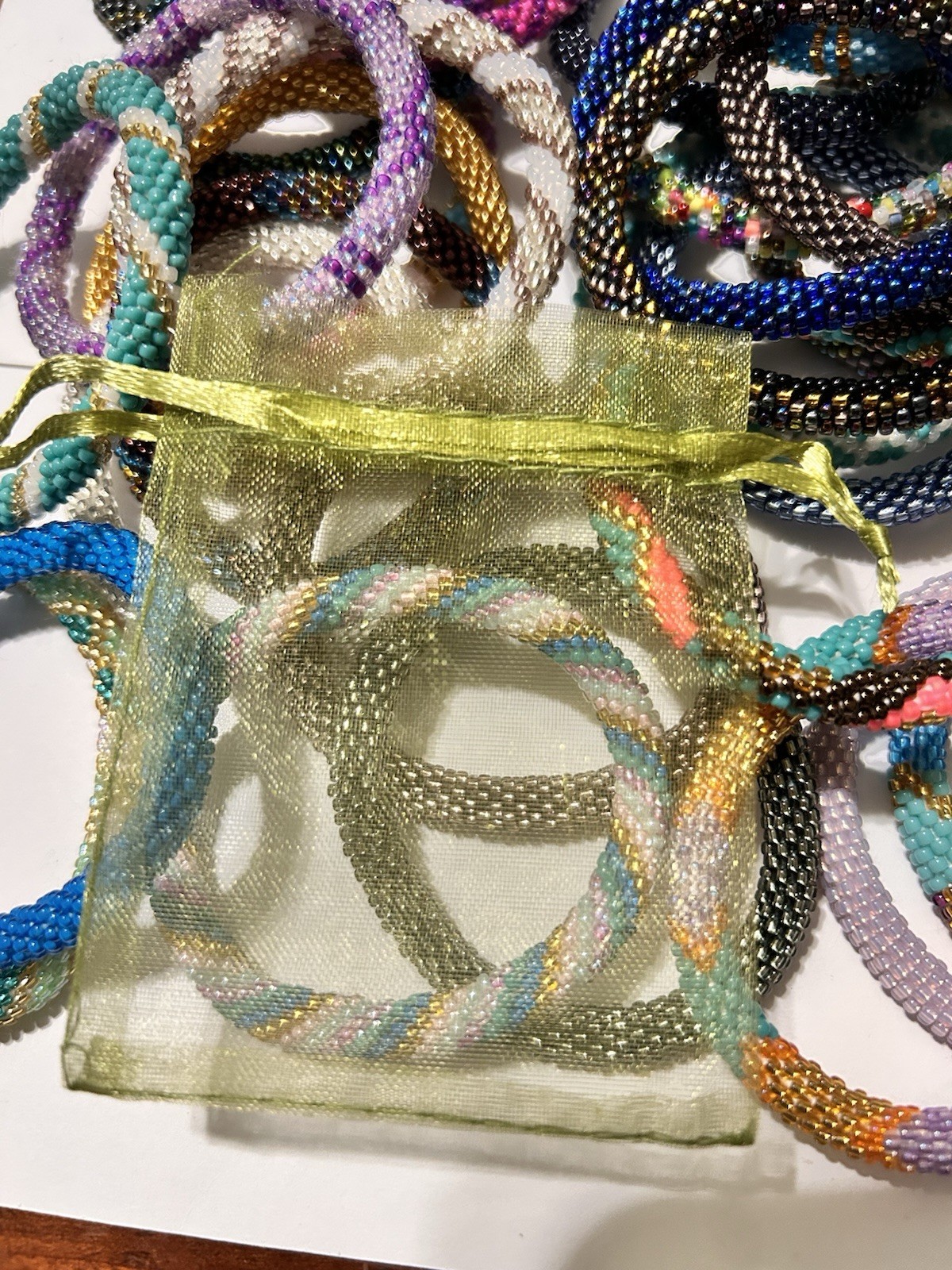 3 Sashka Co Nepalese Roll On Crochet Glass Bead Bracelets Original Size, Random