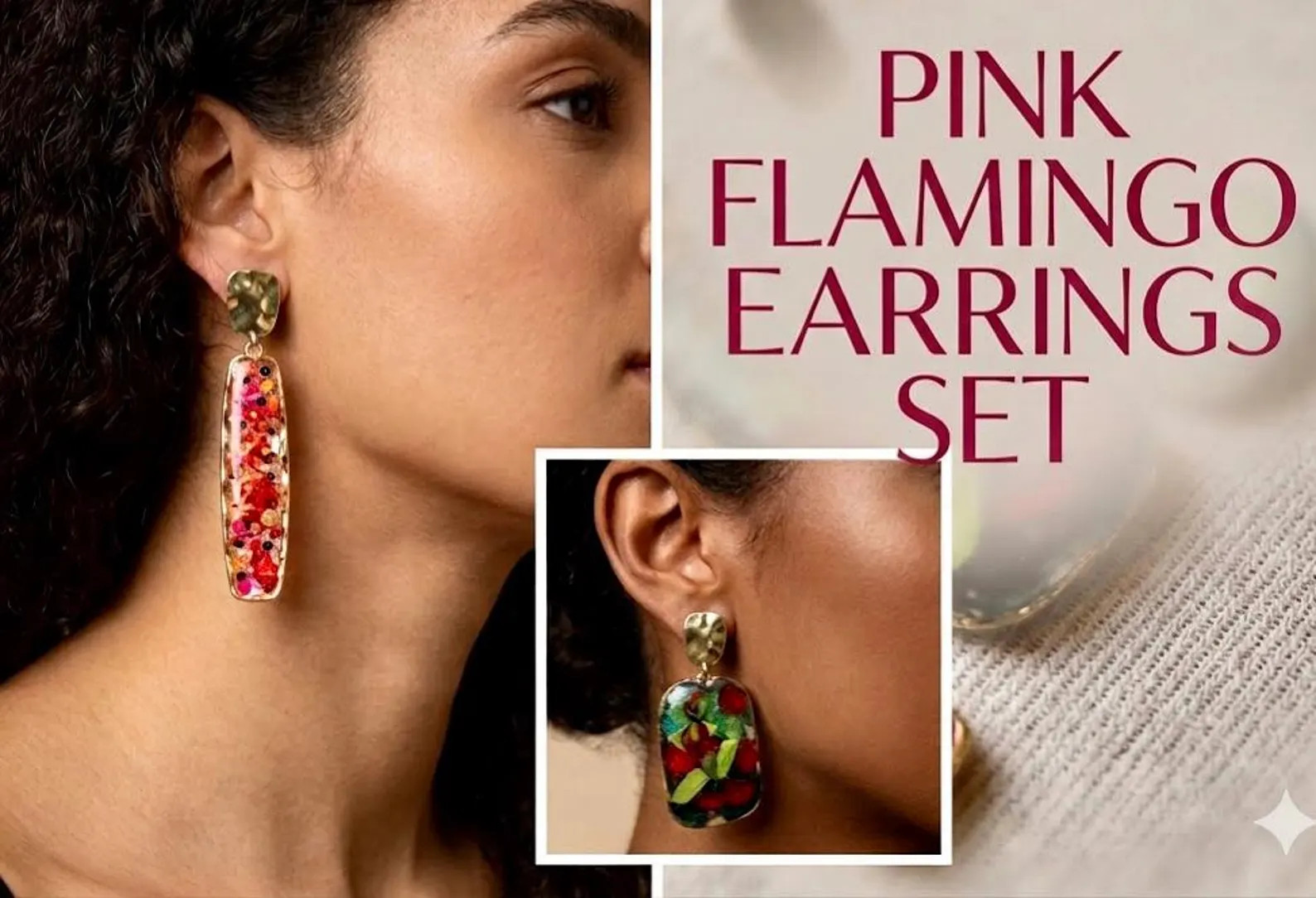 Flamingo Drop Earrings with Real Flowers, Colorful Confetti Earrings set of 2