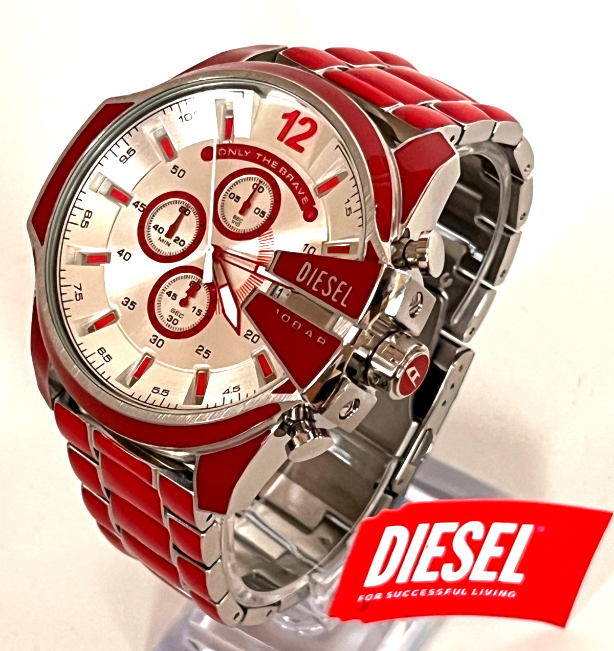 DIESEL DZ4638 Men’s Mega Chief Red Enamel Stainless Steel Watch BNWT/Box $290