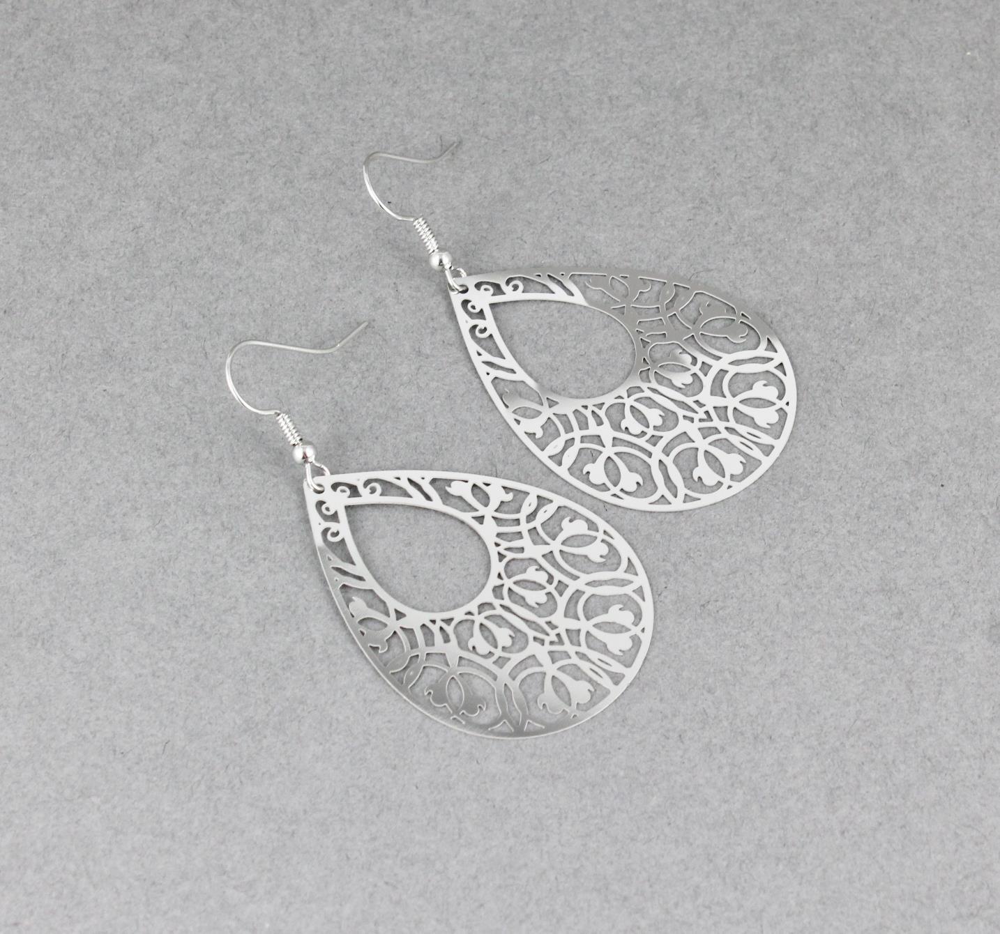 Silver teardrop filigree dangle earrings shiny 2 7/16″ long lightweight scroll