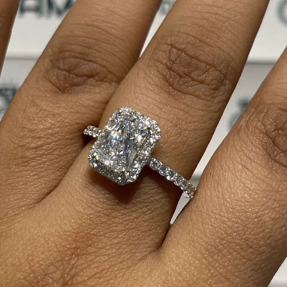 Halo Diamond Ring 2.28 Carat Lab Grown Radiant IGI E F VVS CVD 14k White Gold