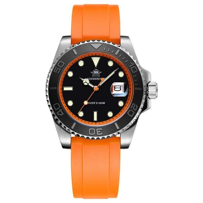 Addiesdive 41mm Quartz Dive Watch 200m Silver Stainless Steel Bezel Rubber Strap