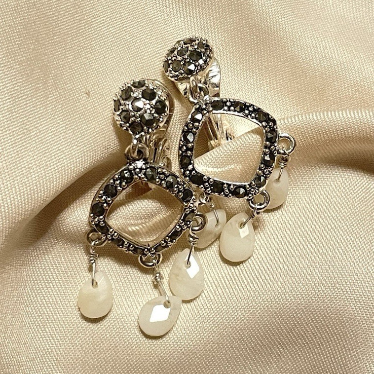 Vintage Monet Silver Tone Asymmetrical White Bead Drop Dangle Clip-On Earrings