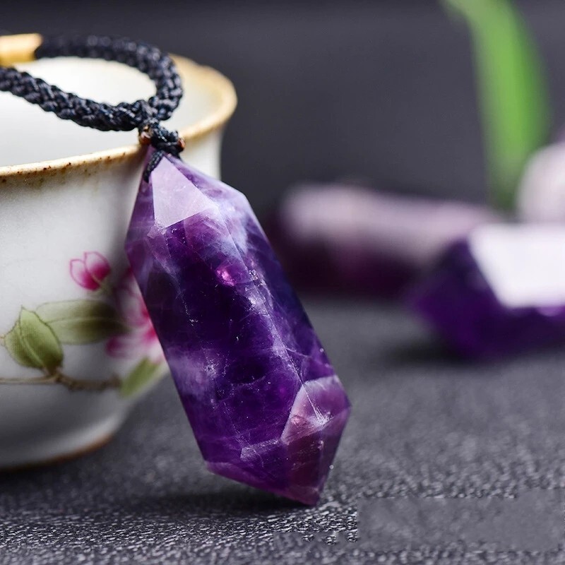 Natural Amethyst Crystal Hexagonal Point Pendant Healing Reiki Amulet Necklace