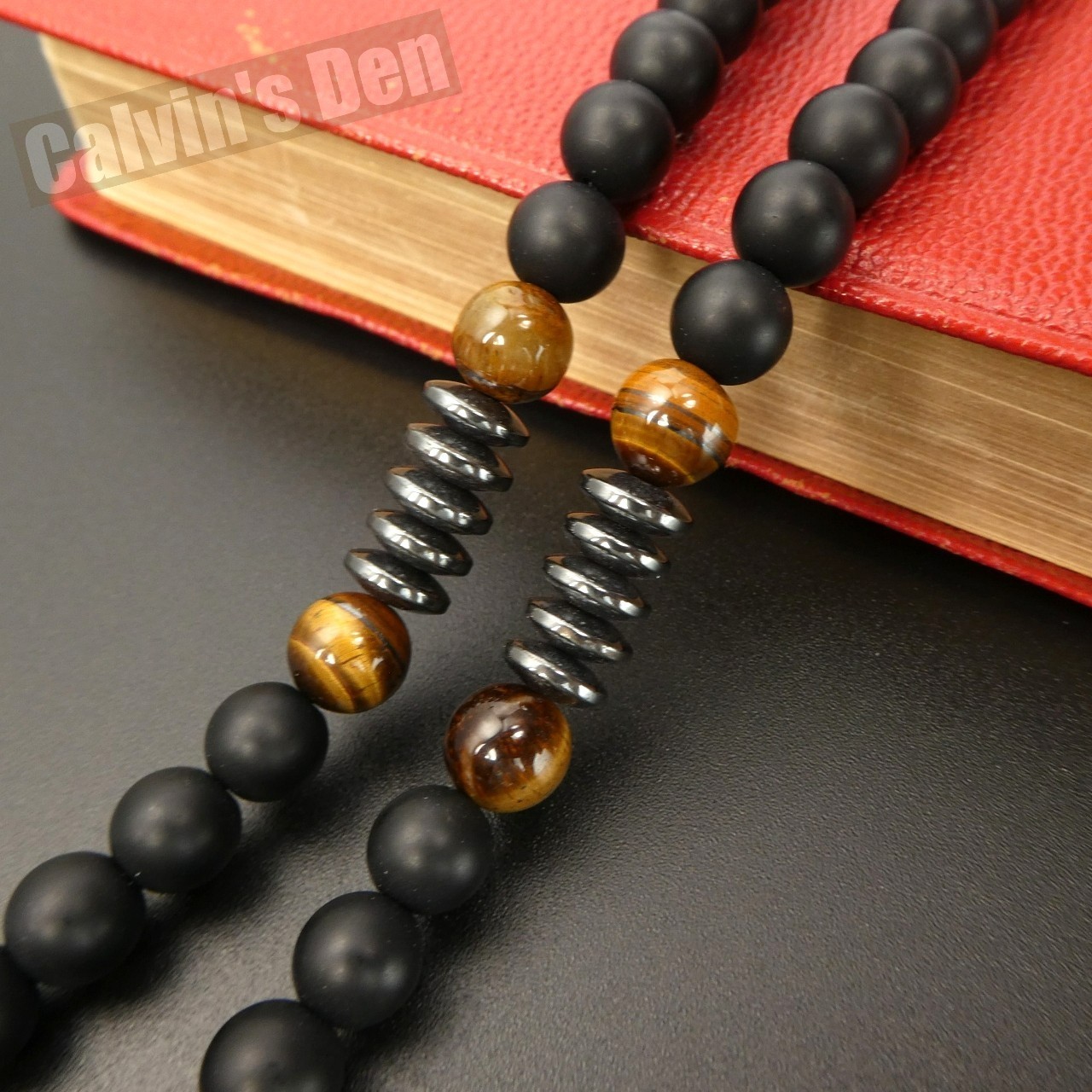 Black Obsidian Tiger Eye Black Alloy Cross Pendant Necklace Men Women Gift