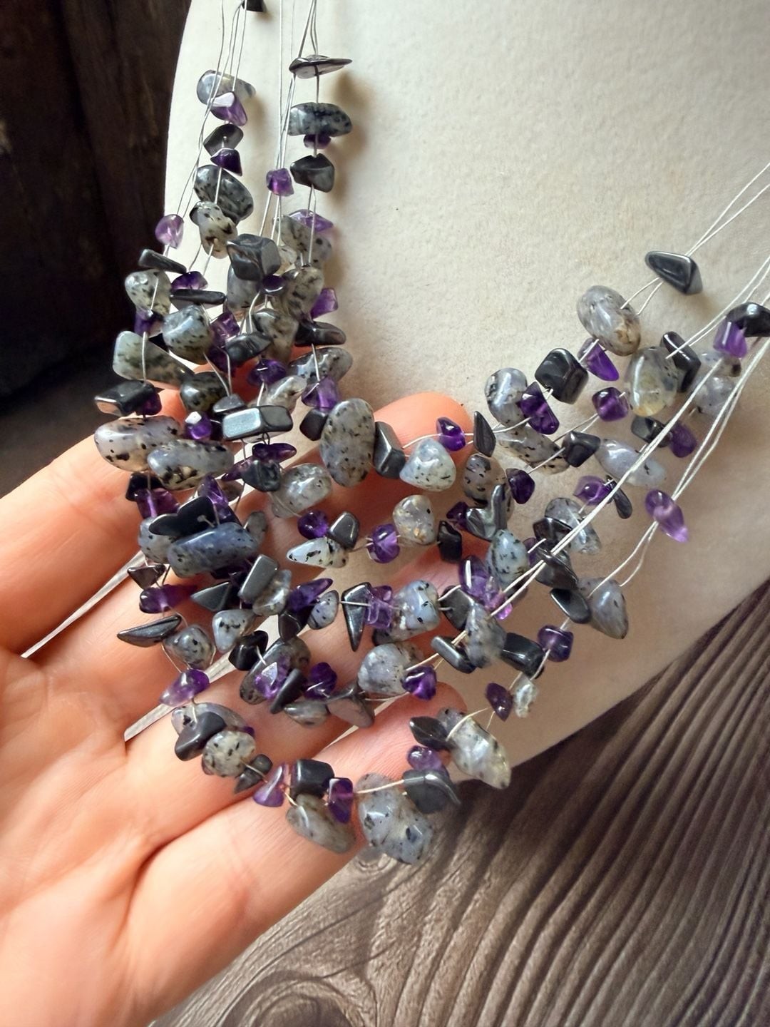 Multi-Strand Gemstone Chip Necklace with Amethyst and Labradorite