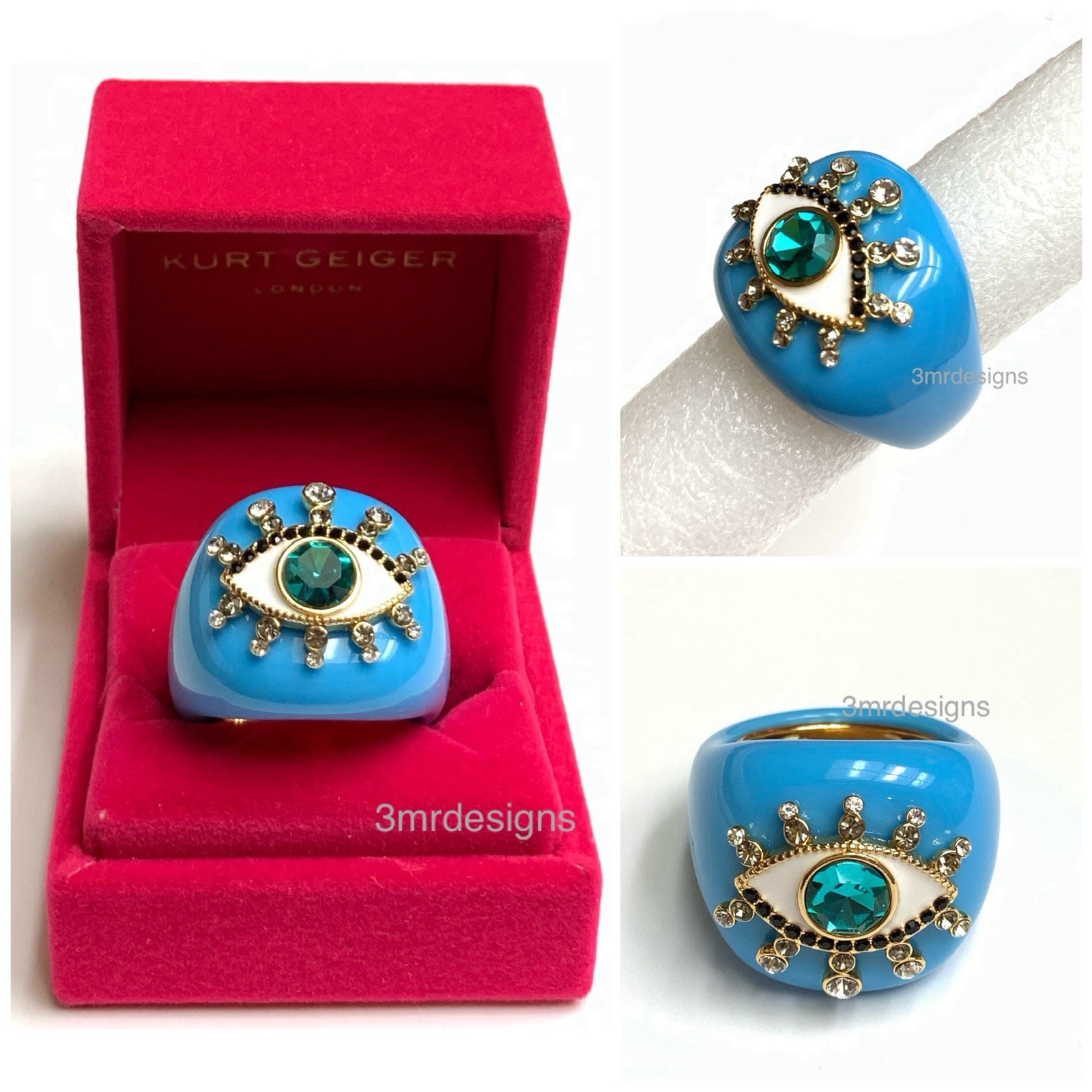 NIB KURT GEIGER LONDON Evil Eye Gold Tone Faceted Crystals Resin Dome Ring-Sz.9