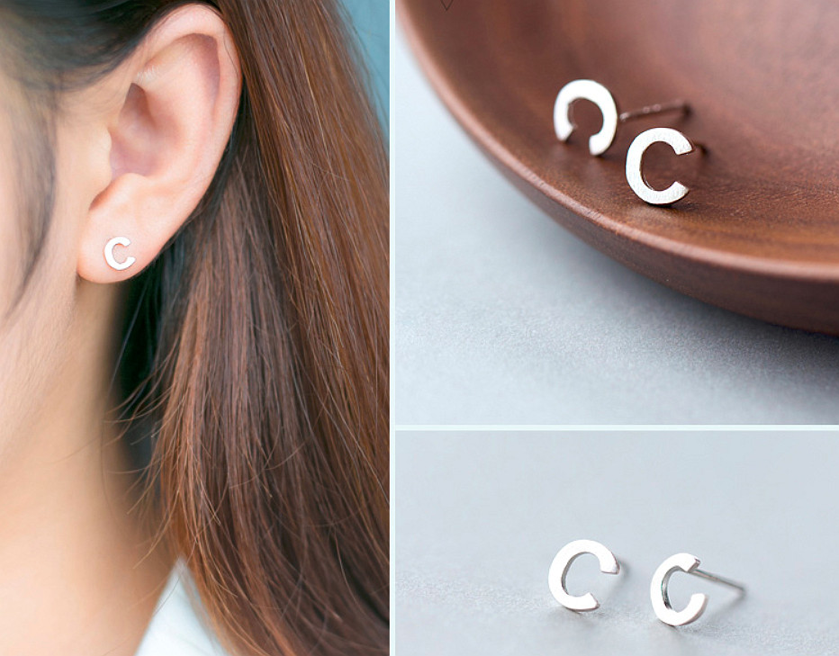 S925 Sterling Silver Satin Finish Alphabet Letter Initial Stud Earrings
