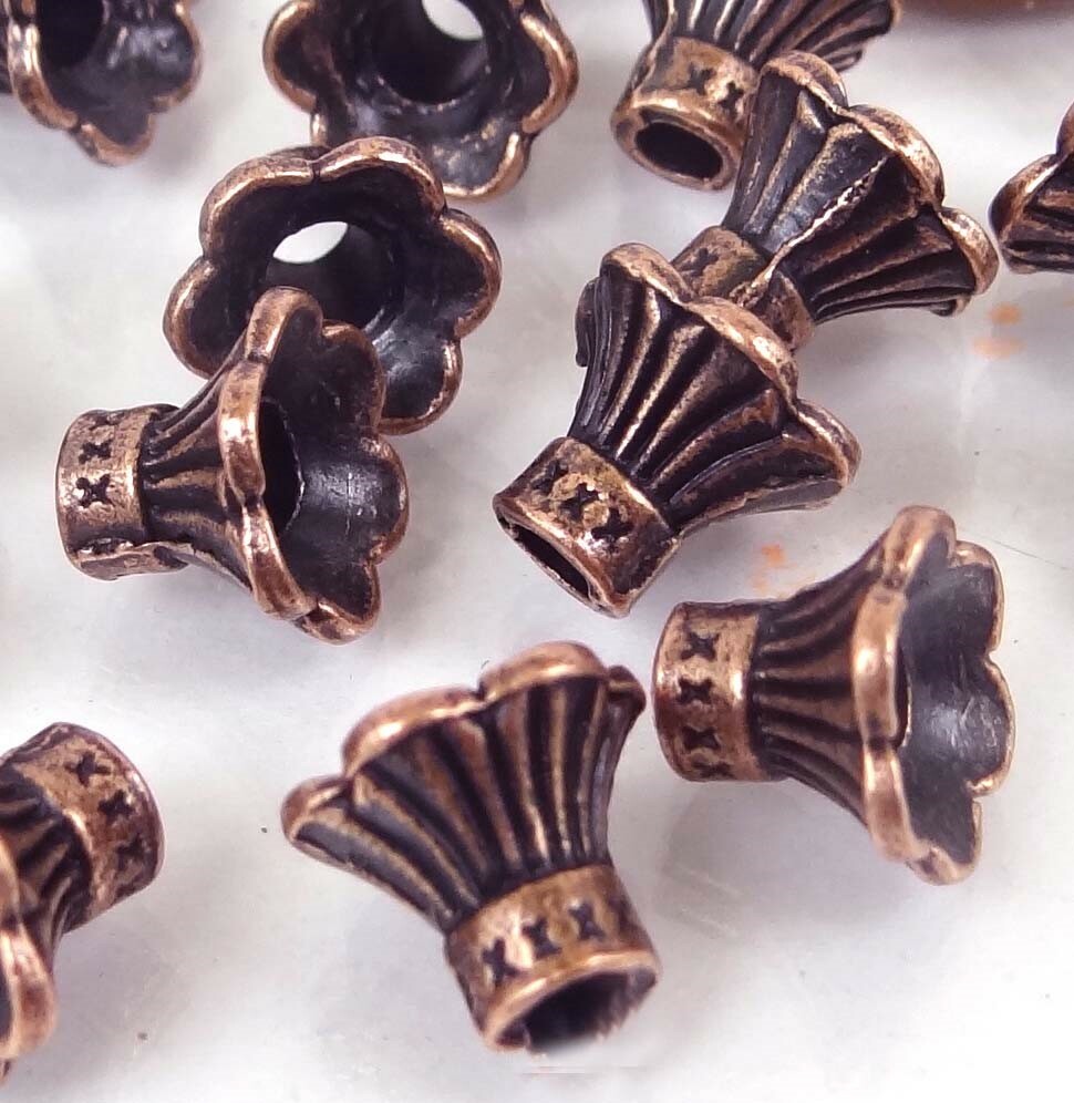 20 Antique Copper Pewter Petal Bell Flowers Caps Beads 9x10mm