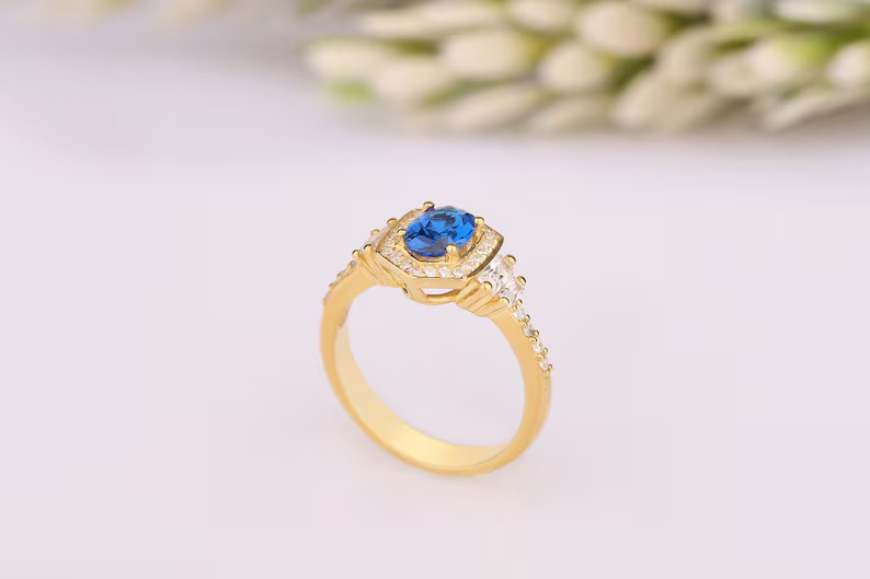2.13 Ct Oval Simulated Sapphire Hexagon Shape Band Ring 14k Yellow Gold Plated