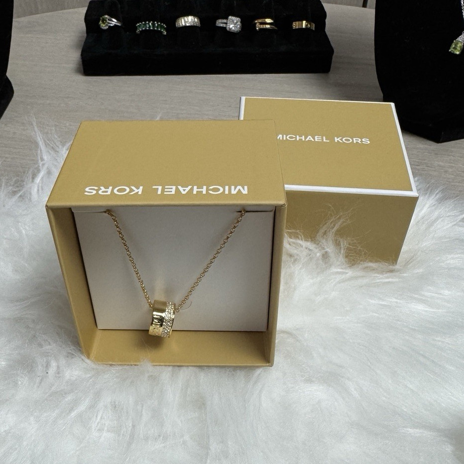 Michael Kors Gold Tone Crystal Pavé Round Barrel Pendant Necklace Chain