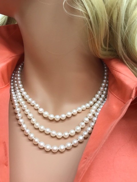 STERLING SILVER TRIPLE STRAND 6-6.5 mm CULTURED FRESH WATER PEARL NECKLACE