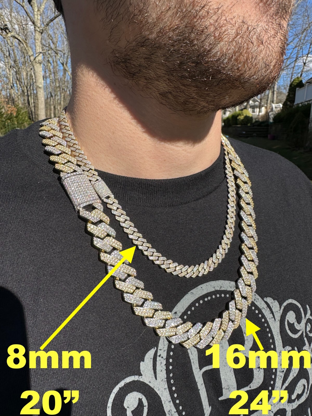 MOISSANITE Real Miami Cuban Link Prong Chain Ice Gold Plated 925 Silver Necklace