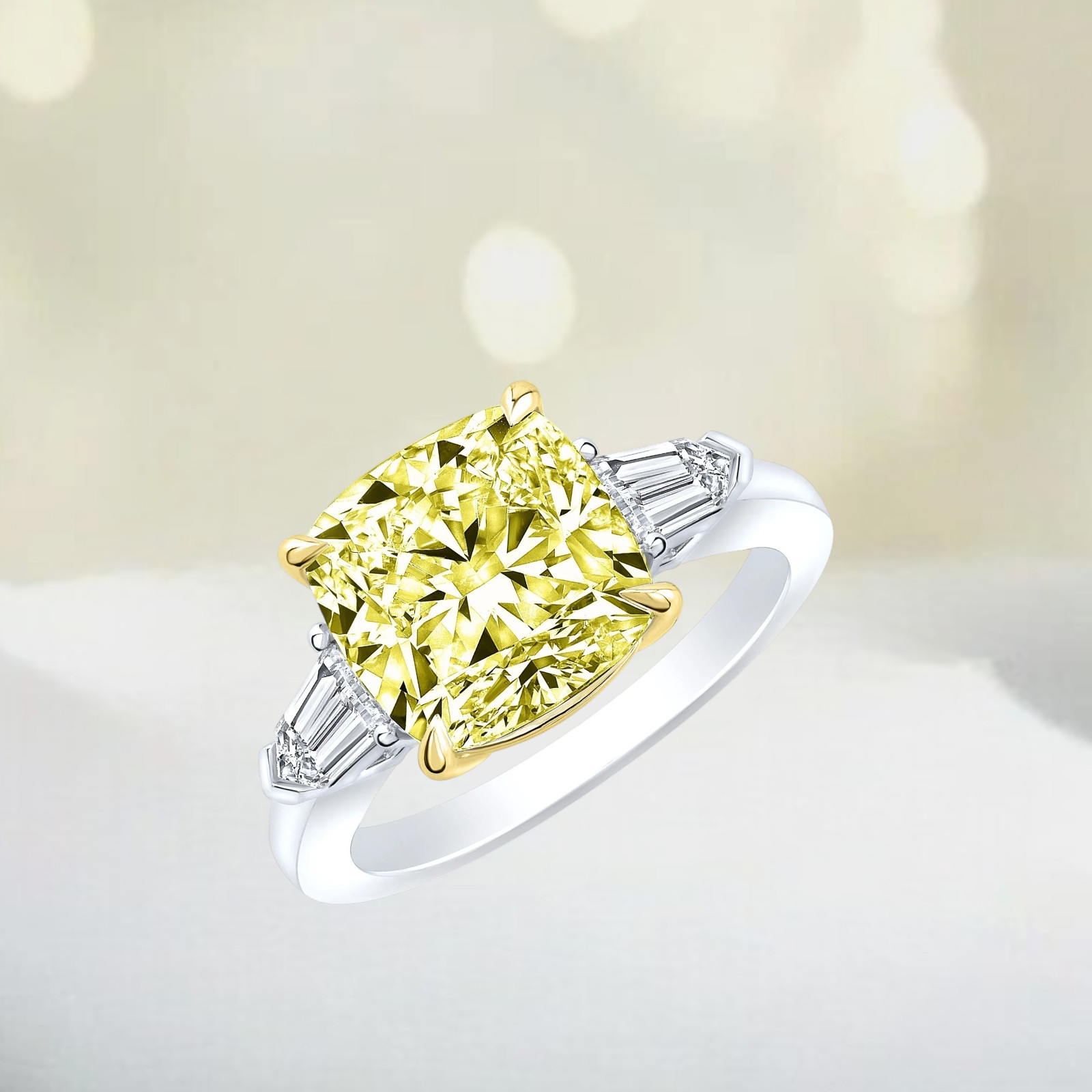 4.10 CT Cushion Cut IGI Lab Grown Fancy Vivid Yellow Diamond Ring 18K Multi Gold