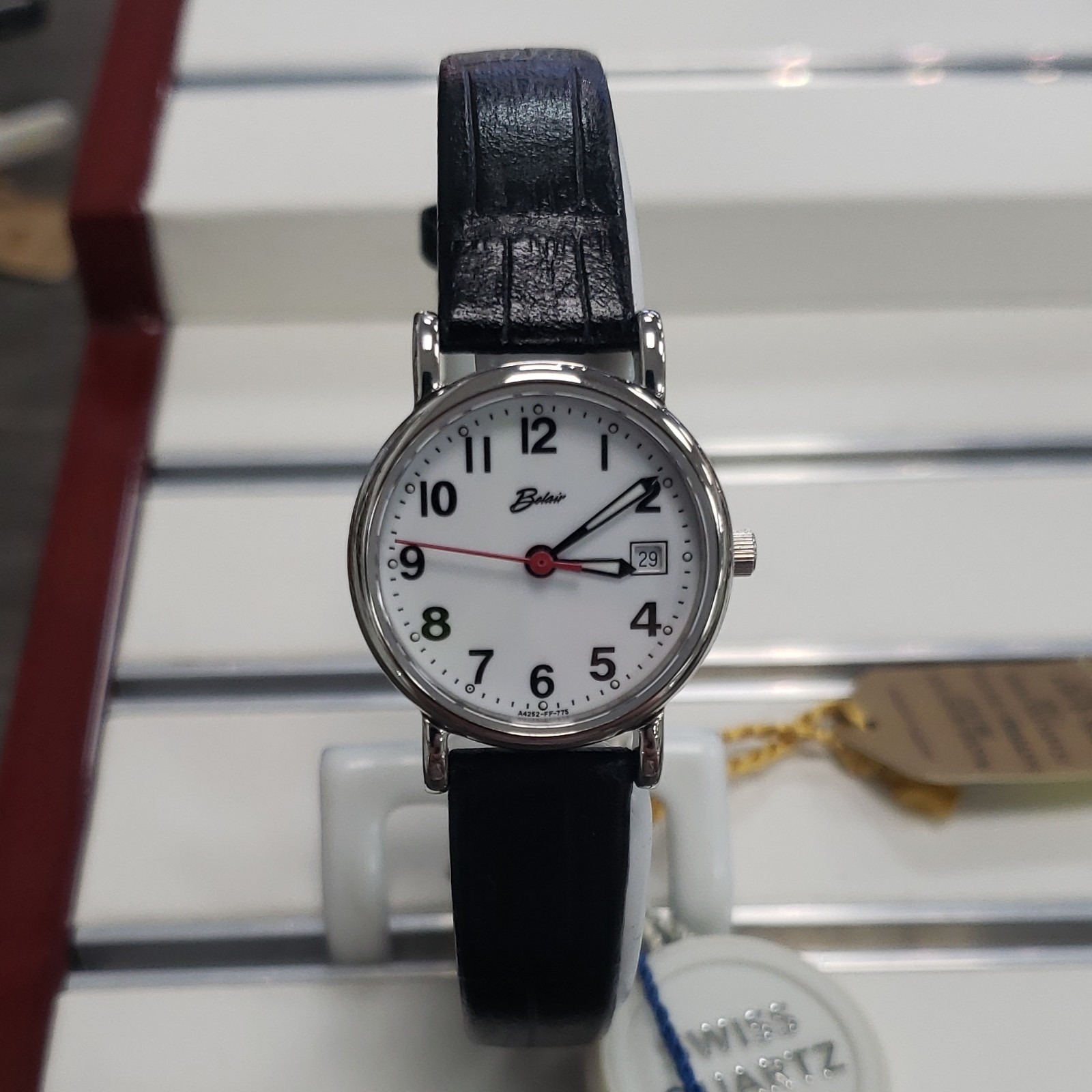 Belair Quartz Analog Wristwatch Silver Case Black Leather Strap