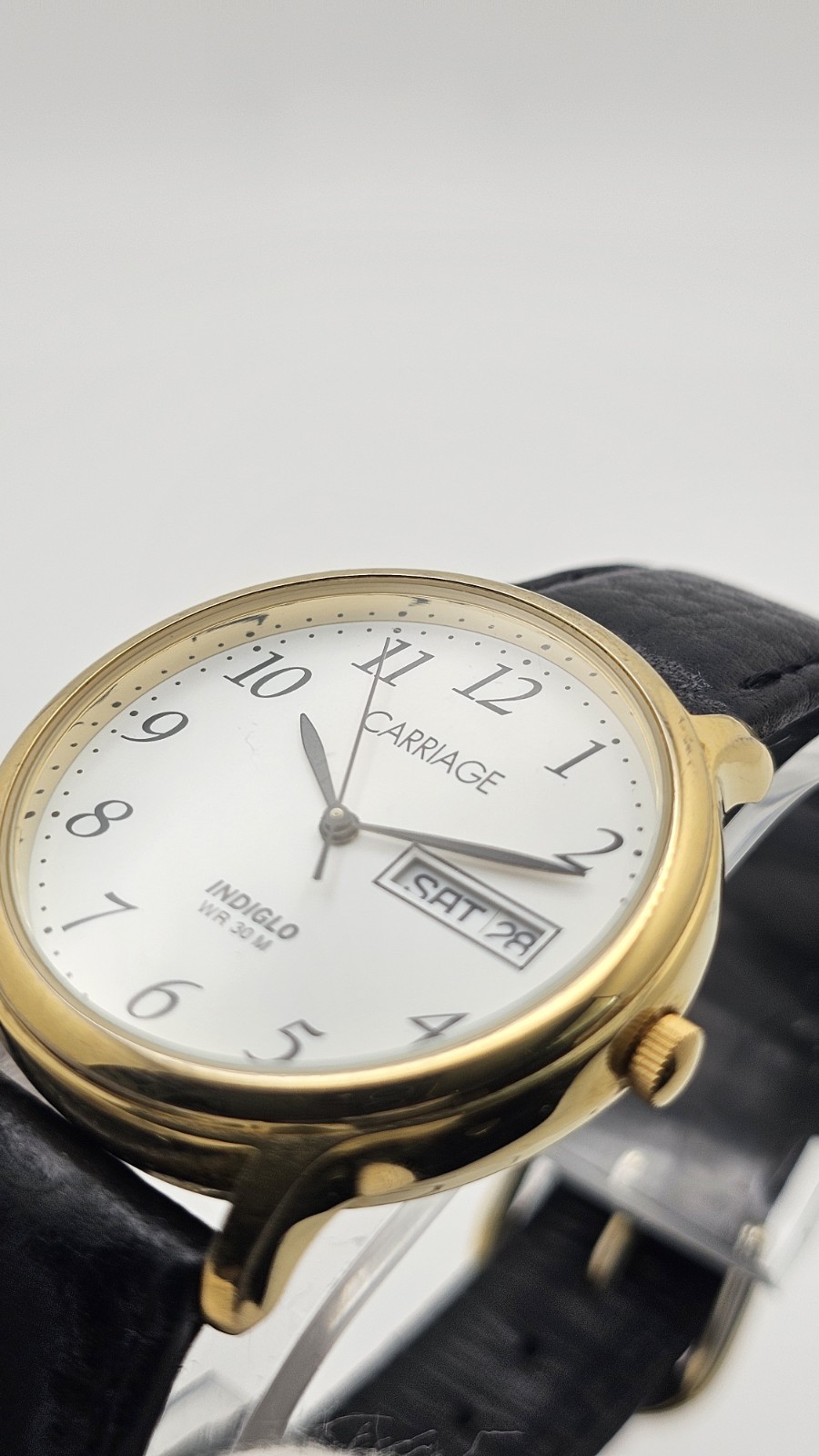 Carriage Day Date Gold Tone Case 35 MM Indiglo White Dial Black Leather Watch