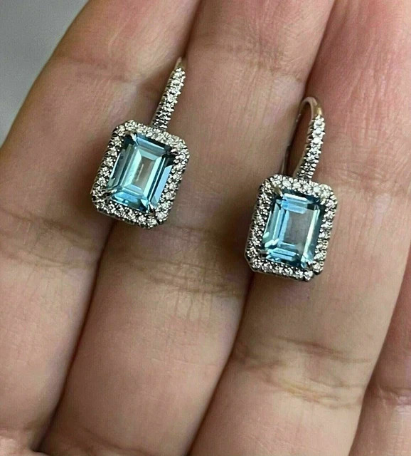 3Ct Emerald Cut Lab-Created Aquamarine Drop/Dangle Earrings 14KWhite Gold Plated