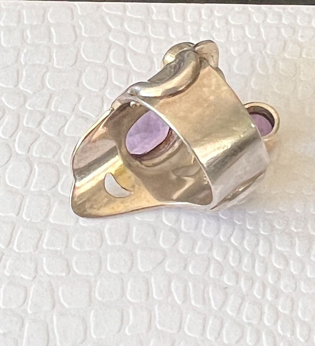 Unique Artisan Signed Yes Two Toned Sterling 925 Amethyst Garnet Wide Band Ring