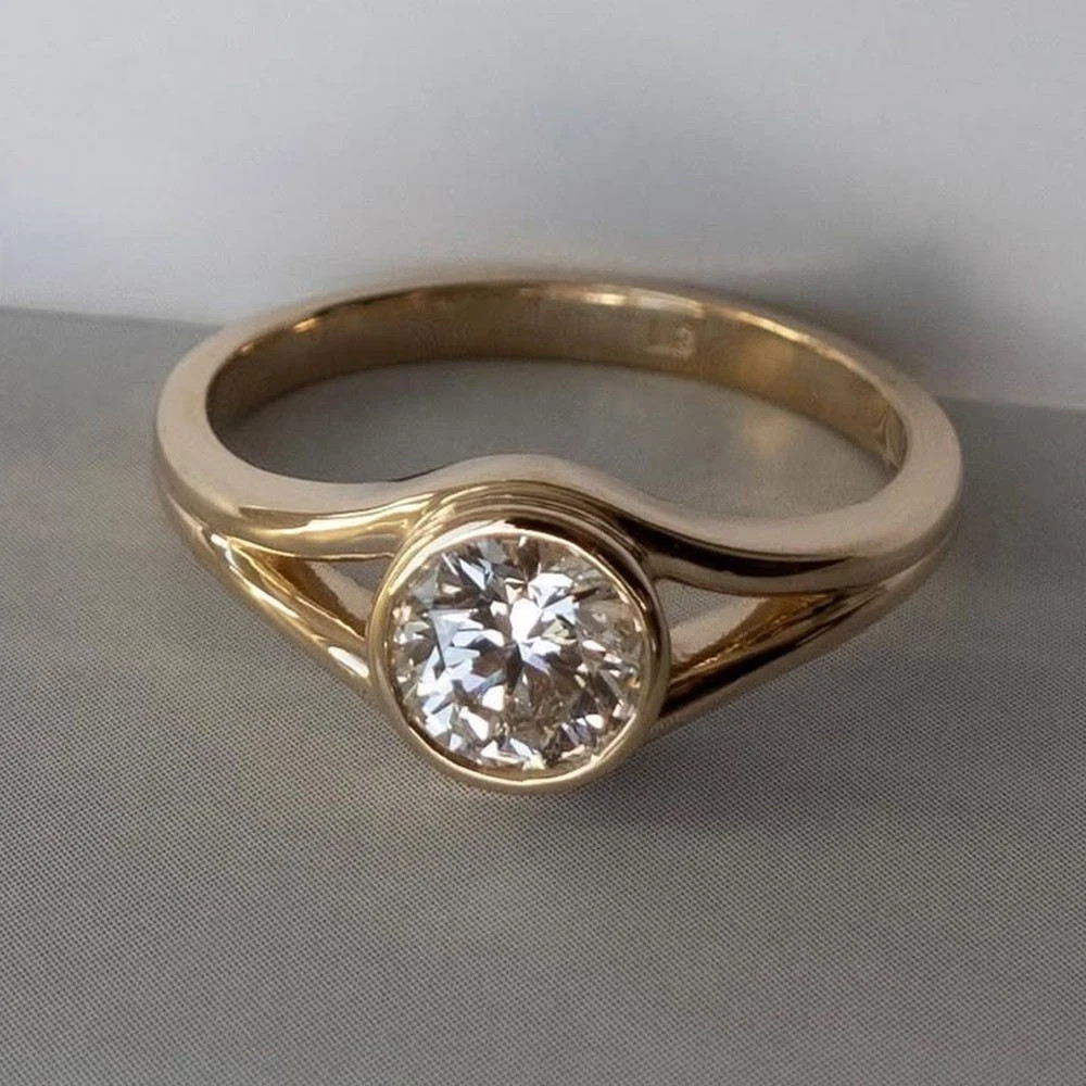2Ct Round Cut Real Moissanite Bezel Solitaire Ring In 14K Yellow Gold Plated