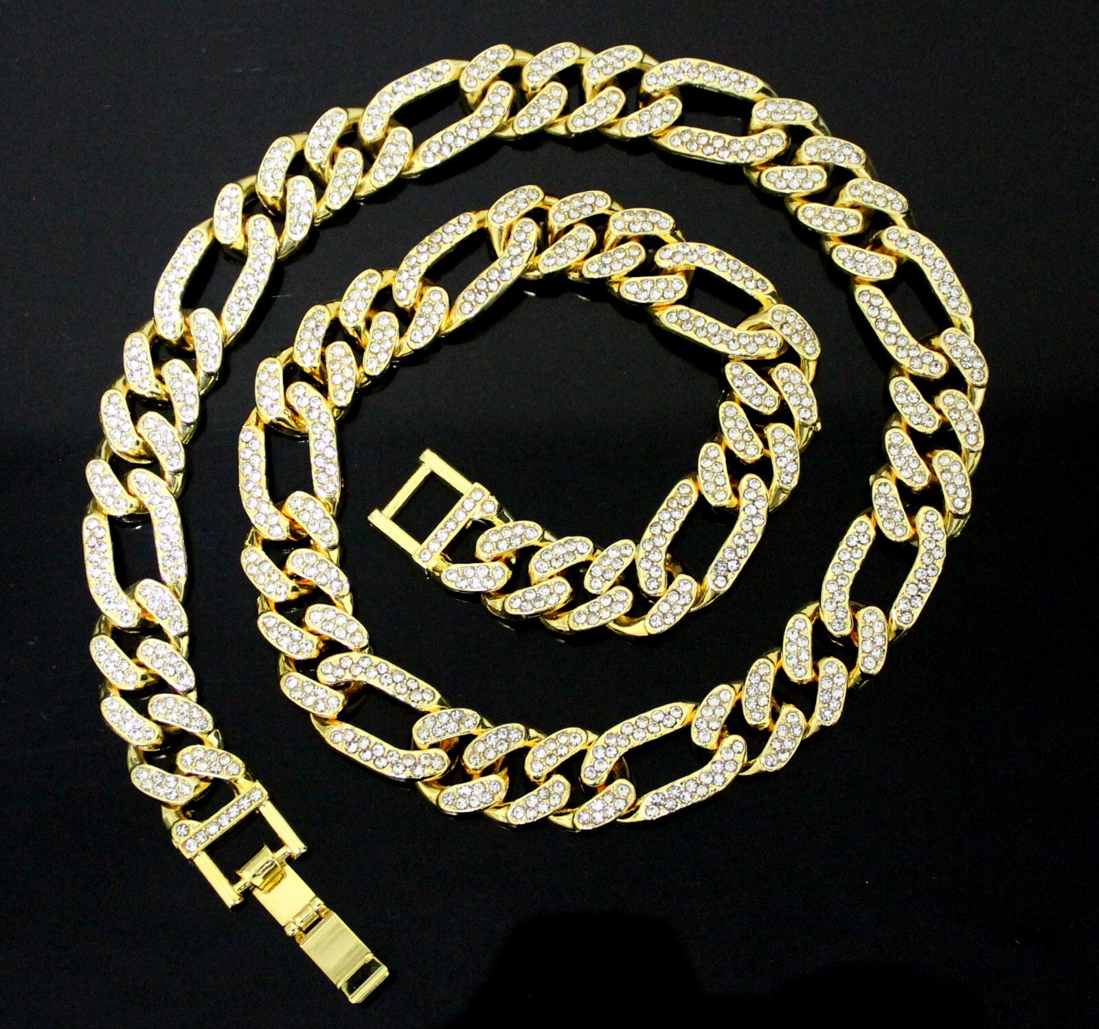 Mens 12mm Iced Double Row CZ Figaro Link 14k Gold Plated 7″-30″ Necklace Hip Hop
