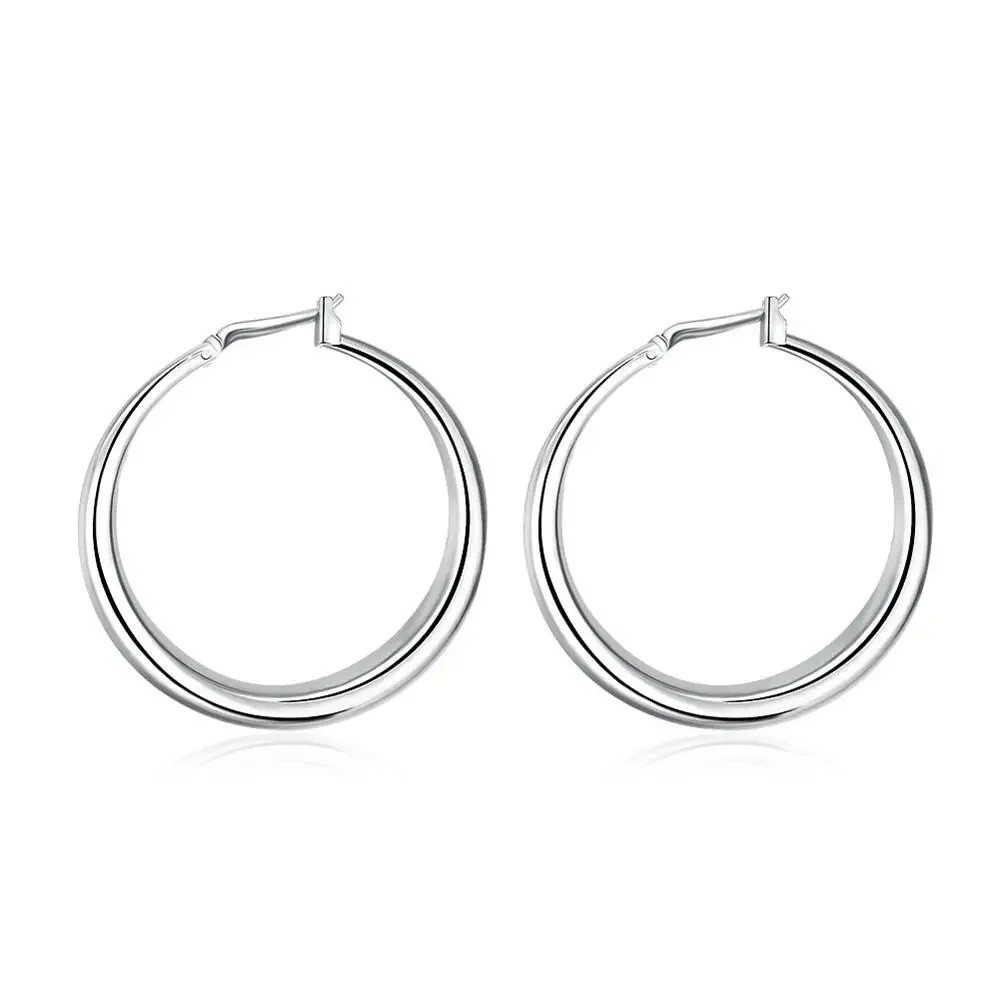925 Sterling Silver 33mm Large Hoop Earrings Round Circle Women Trend Jewelry