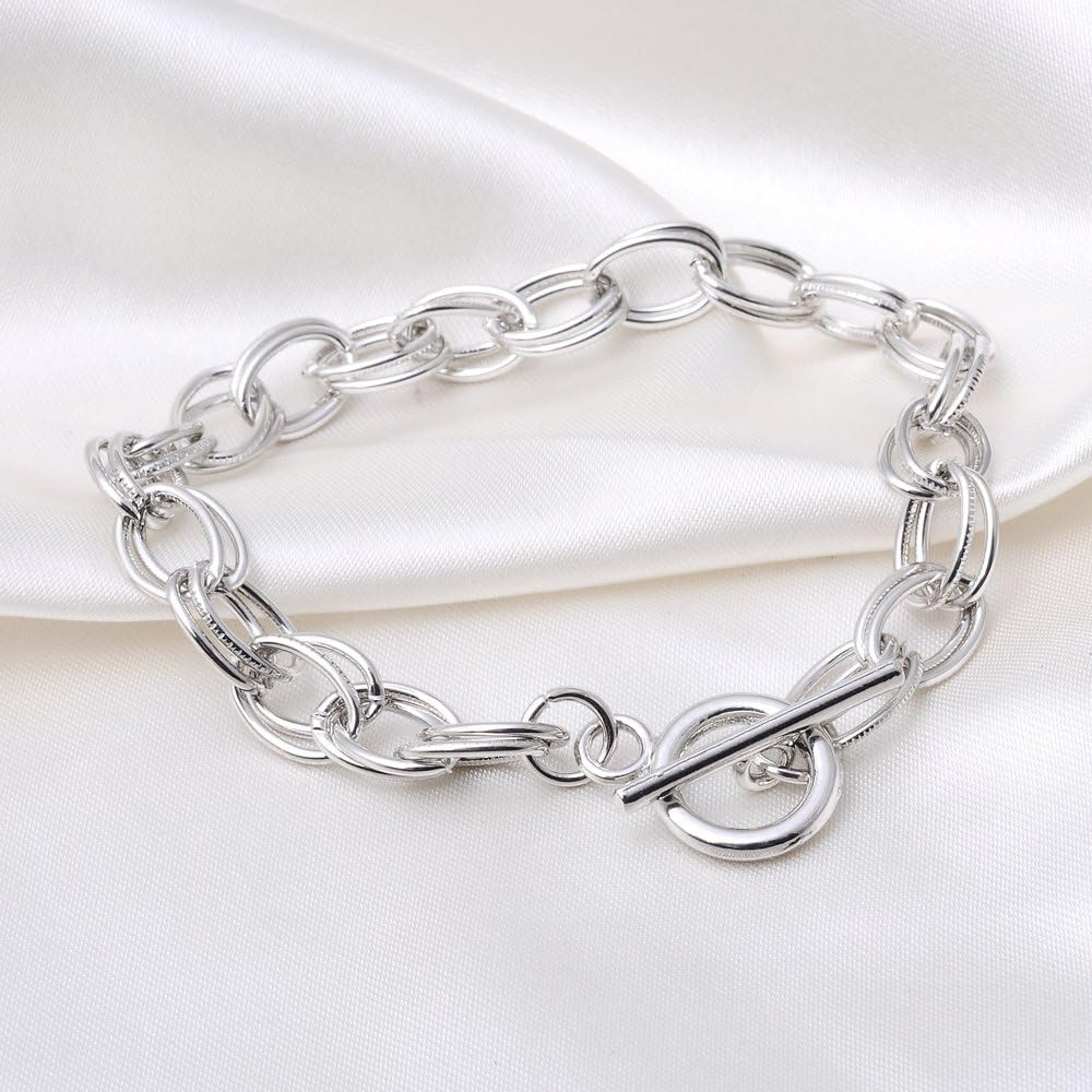 5Pcs Toggle Clasp Silver Color Charm Rolo Bracelet Double Oval Link Chain 18Cm D