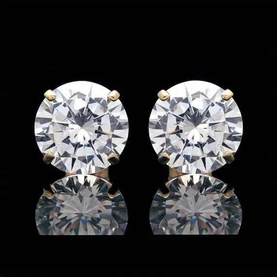 10mm Round Real Moissanite 8 CT Solitaire Stud Earrings 14K Yellow Gold Plated