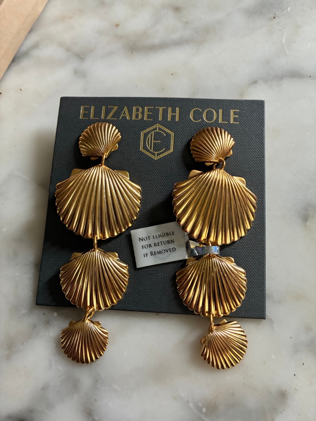 Elizabeth Cole shellace shell gold plated earrings new tags box signed