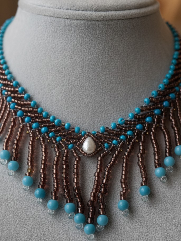 Handcrafted Fringe Choker Necklace – Freshwater Pearl Beads Gold/Brown