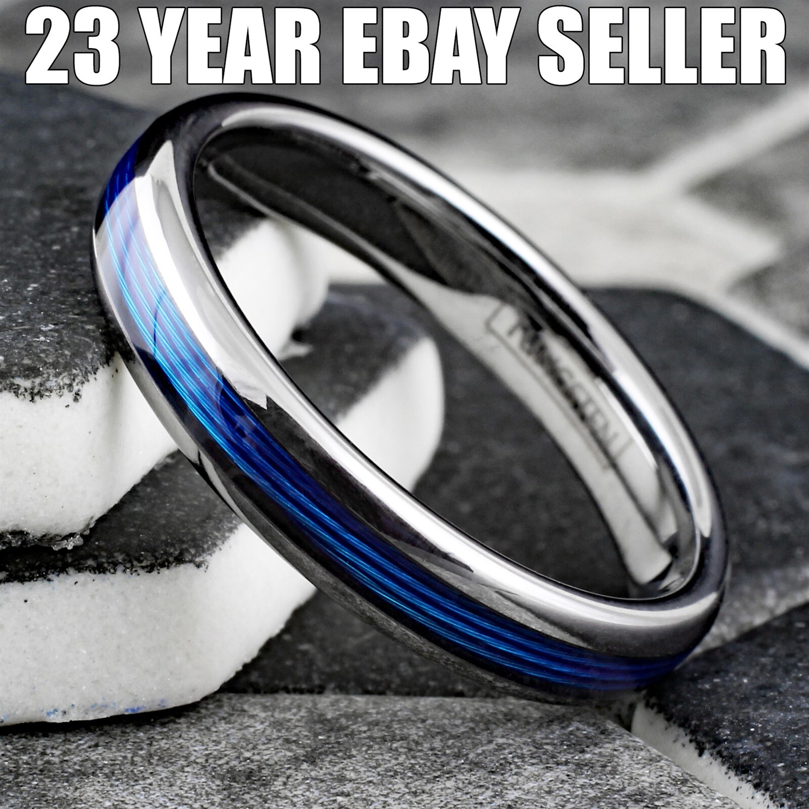 Tungsten Carbide Blue Fishing Line Thin Plain Band – Black or Silver