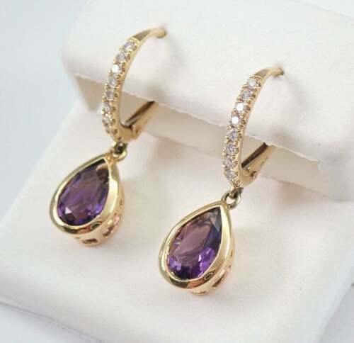4Ct Pear Cut Simulated Amethyst Drop & Dangle Earrings 14K Yellow Gold Finish