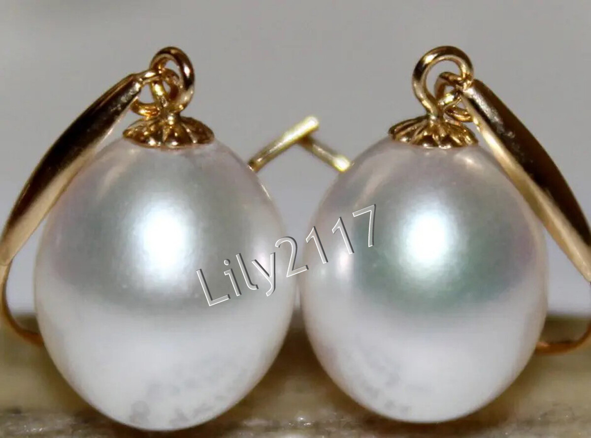 Genuine Natural 10-11mm South Sea White Pearl Dangle Earrings 14K Yellow Gold