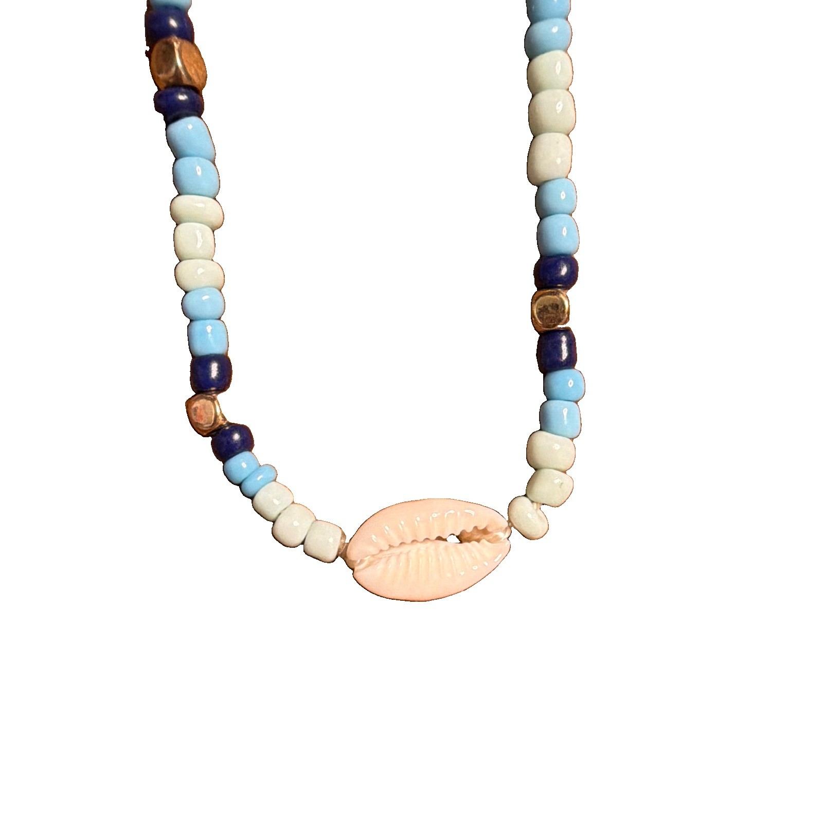 16 Inch Seed Bead & Cowrie Shell With Gold Tone Accents Beach Mermaid Necklace