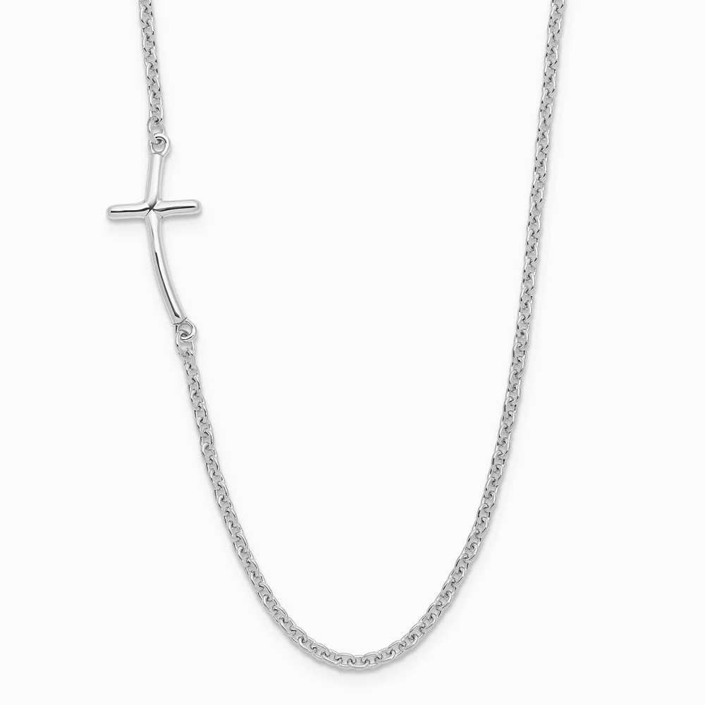 Sterling Silver Rh-Plated Small Off-Set Sideways Curved Cross Necklace