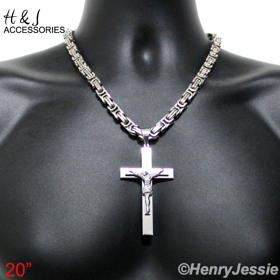 18-40″Stainless Steel HEAVY 9mm Silver Byzantine Box Link Chain Cross Pendant*J1
