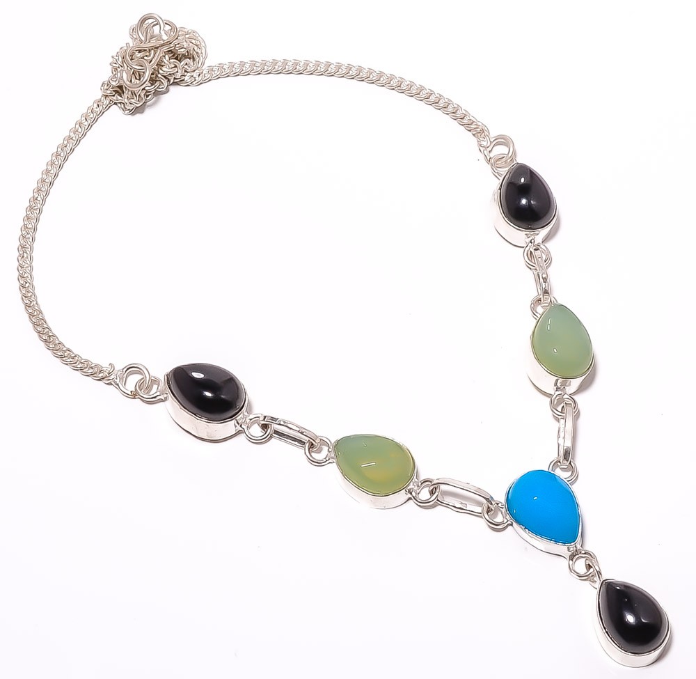 Sleeping Beauty Turquoise & Onyx 925 Silver Plated Jewelry Necklace 17.99″ TN-75