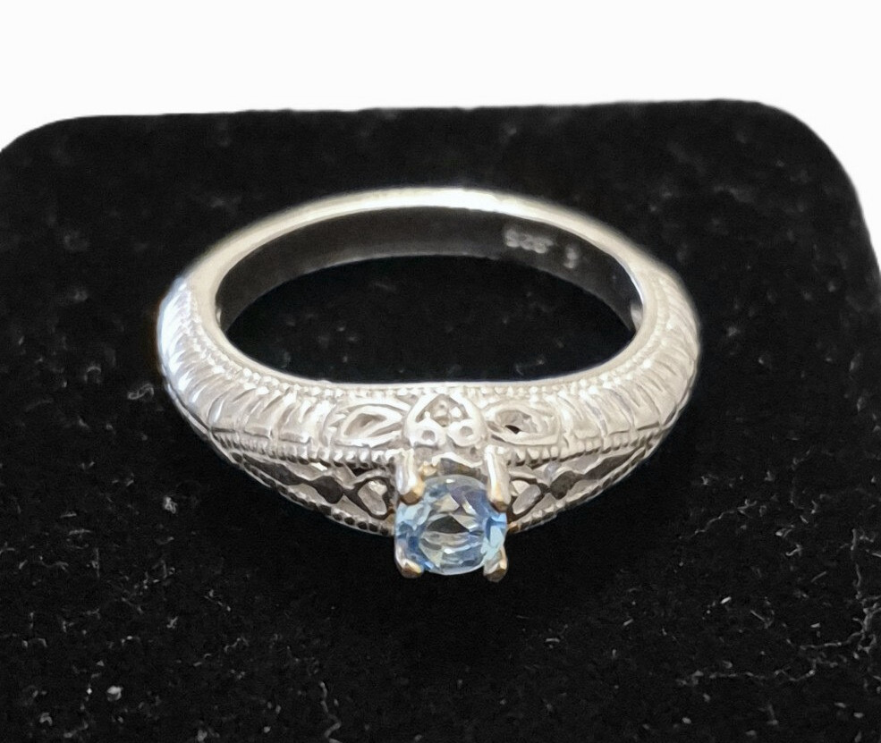 Blue Natural Topaz Ring Filigree Victorian, 925 Sterling Silver, Size 6.5
