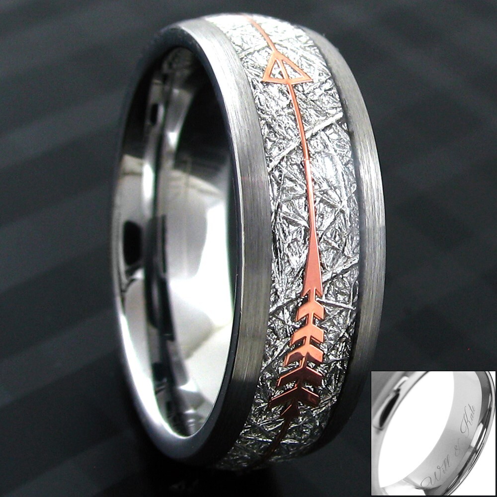 6/8mm Tungsten Meteorite & Rose Gold Plated Arrow Band Ring-Engraving Avail.