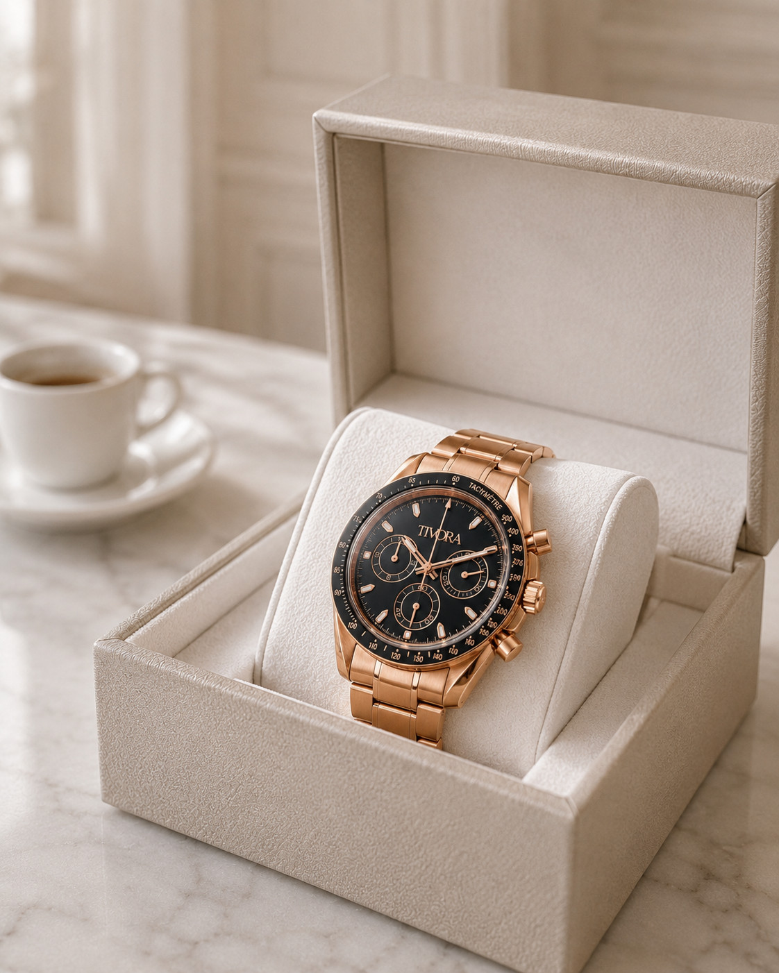 TÍVORÁ Veyron Rose Steel Onyx Dial – Custom Branded Automatic Chronograph Watch
