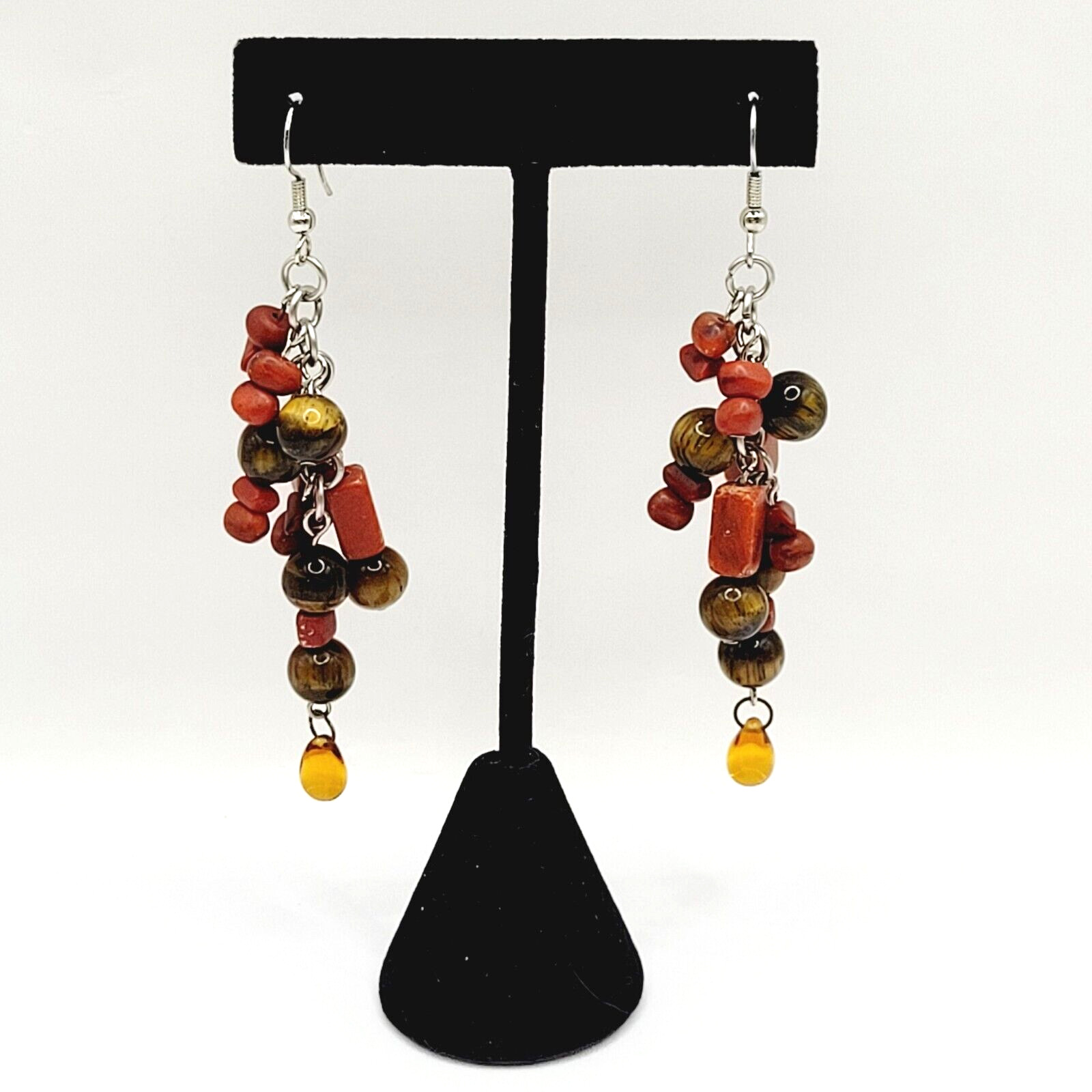 Modern Multi Shape Natural Stone Glass End Long Drop Dangle Hook Pierced Earring