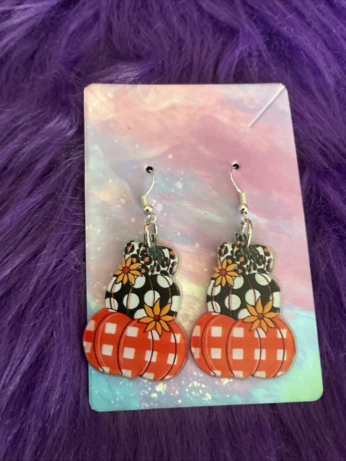 Autumn Acrylic Pumpkin Shaped Drop Style Earrings. Perfect For Halloween, Fall