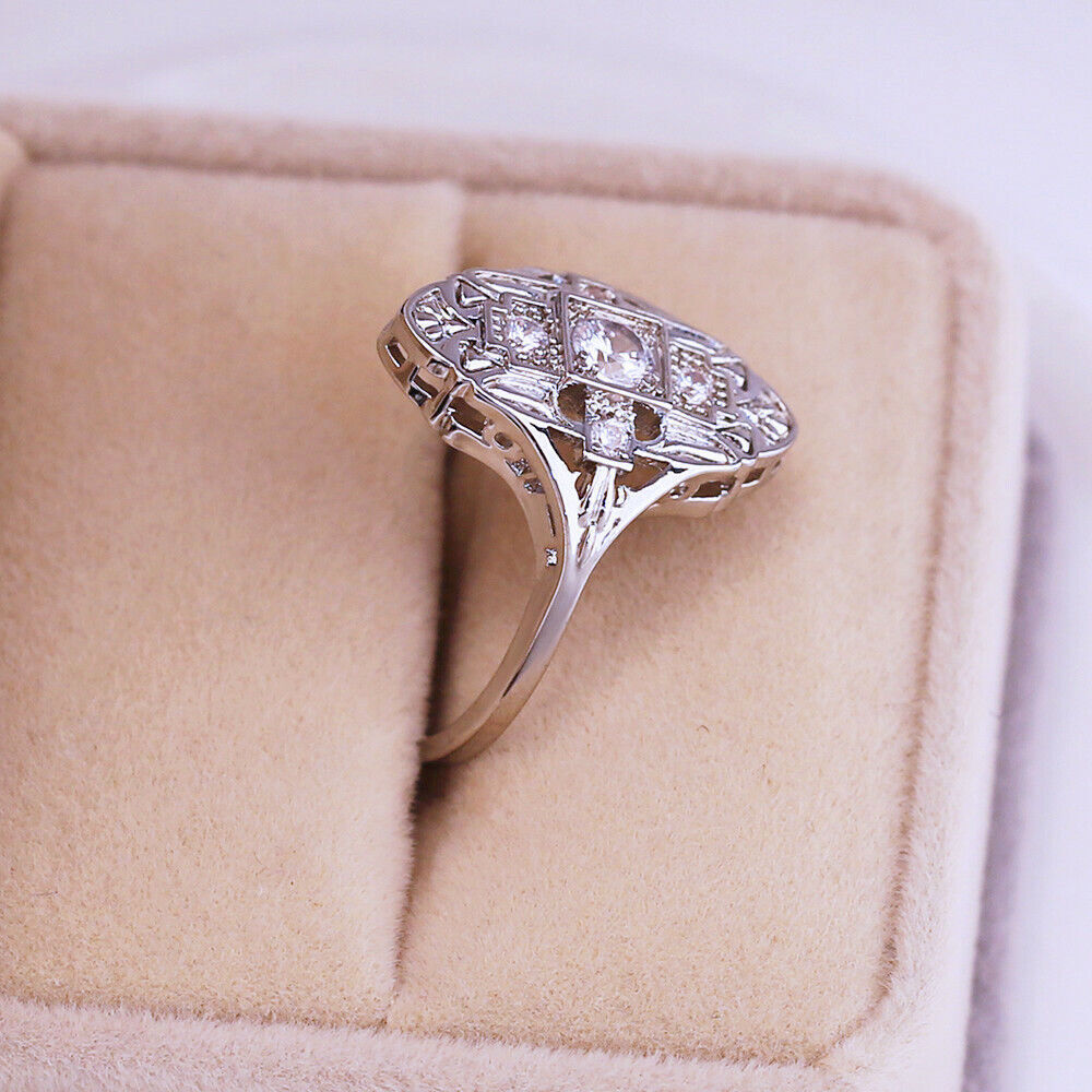 Elegant 925 Sterling Silver White Topaz Charm Wedding Engagement Ring Size 7