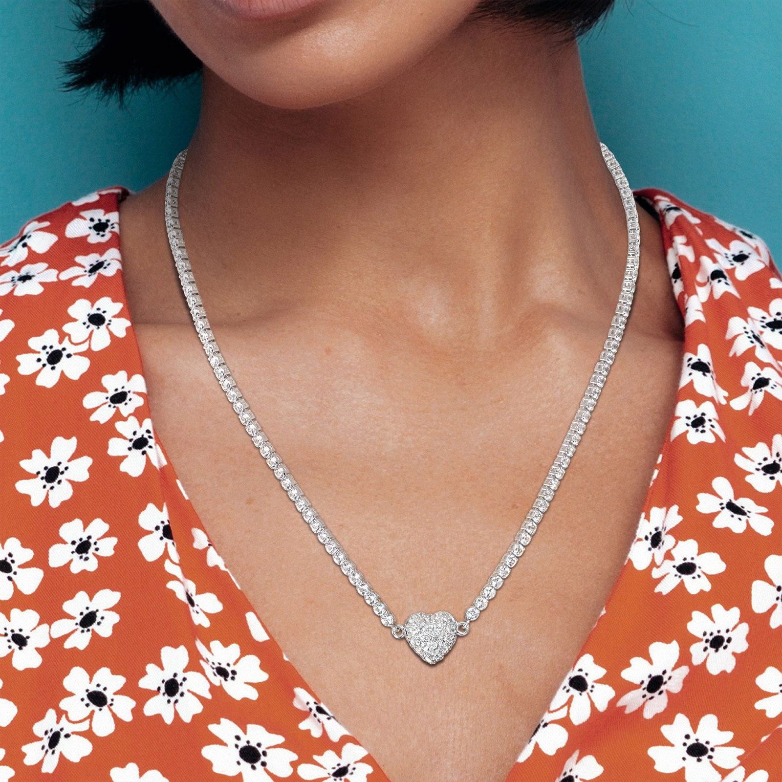 Amour Sterling Silver Created White Sapphire Necklace with Heart Clasp – 17 in