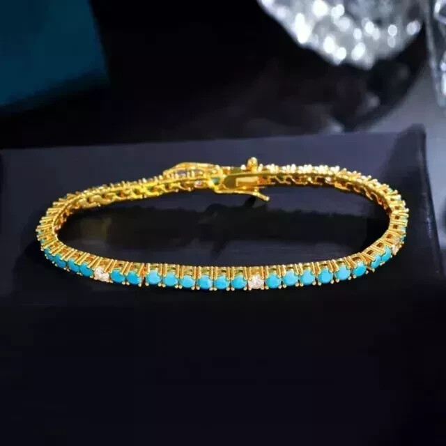 Tennis Bracelet 3mm Round Lab-Created Blue Turquoise and Diamond 14K Gold Plated